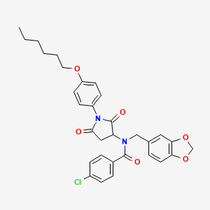 N-(1,3-benzodioxol-5-ylmethyl)-4-chloro-N-{1-[4-(hexyloxy)phenyl]-2,5-dioxopyrrolidin-3-yl}benzamide