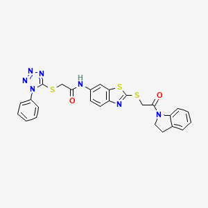 molecular formula C26H21N7O2S3 B11525524 N-(2-{[2-(2,3-dihydro-1H-indol-1-yl)-2-oxoethyl]sulfanyl}-1,3-benzothiazol-6-yl)-2-[(1-phenyl-1H-tetrazol-5-yl)sulfanyl]acetamide 