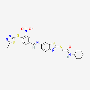 N-cyclohexyl-2-[(6-{[(E)-{4-[(5-methyl-1,3,4-thiadiazol-2-yl)sulfanyl]-3-nitrophenyl}methylidene]amino}-1,3-benzothiazol-2-yl)sulfanyl]acetamide