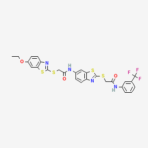 molecular formula C27H21F3N4O3S4 B11525577 2-[(6-ethoxy-1,3-benzothiazol-2-yl)sulfanyl]-N-{2-[(2-oxo-2-{[3-(trifluoromethyl)phenyl]amino}ethyl)sulfanyl]-1,3-benzothiazol-6-yl}acetamide 