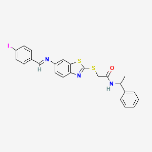 molecular formula C24H20IN3OS2 B11525647 2-[(6-{[(E)-(4-iodophenyl)methylidene]amino}-1,3-benzothiazol-2-yl)sulfanyl]-N-(1-phenylethyl)acetamide 