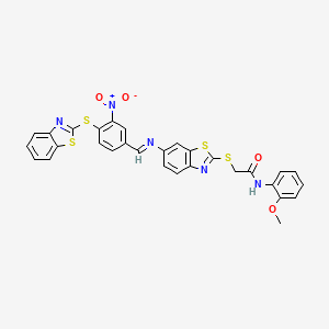 2-{[6-({(E)-[4-(1,3-benzothiazol-2-ylsulfanyl)-3-nitrophenyl]methylidene}amino)-1,3-benzothiazol-2-yl]sulfanyl}-N-(2-methoxyphenyl)acetamide