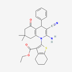 ethyl 2-(2-amino-3-cyano-7,7-dimethyl-5-oxo-4-phenyl-5,6,7,8-tetrahydroquinolin-1(4H)-yl)-4,5,6,7-tetrahydro-1-benzothiophene-3-carboxylate