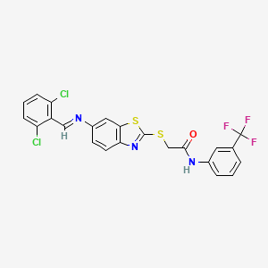 2-[(6-{[(E)-(2,6-dichlorophenyl)methylidene]amino}-1,3-benzothiazol-2-yl)sulfanyl]-N-[3-(trifluoromethyl)phenyl]acetamide