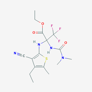 molecular formula C16H21F3N4O3S B11526412 Propanoic acid, 2-(3-cyano-4-ethyl-5-methyl-2-thienylamino)-3,3,3-trifluoro-2-(dimethylaminocarbonylamino)-, ethyl ester 