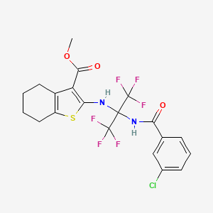 molecular formula C20H17ClF6N2O3S B11526656 Benzothiophene-3-carboxylic acid, 4,5,6,7-tetrahydro-2-[1-(3-chlorobenzoylamino)-2,2,2-trifluoro-1-trifluoromethylethylamino]-, methyl ester 