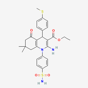 molecular formula C27H31N3O5S2 B11527183 Ethyl 2-amino-7,7-dimethyl-4-[4-(methylsulfanyl)phenyl]-5-oxo-1-(4-sulfamoylphenyl)-1,4,5,6,7,8-hexahydroquinoline-3-carboxylate 