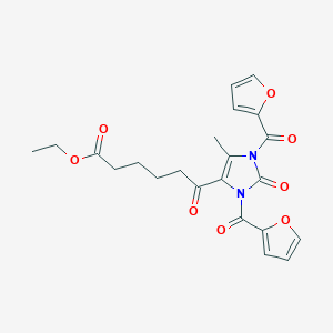 molecular formula C22H22N2O8 B11527965 ethyl 6-[1,3-bis(furan-2-ylcarbonyl)-5-methyl-2-oxo-2,3-dihydro-1H-imidazol-4-yl]-6-oxohexanoate 