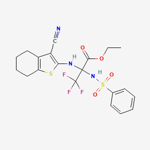 molecular formula C20H20F3N3O4S2 B11528210 Ethyl 2-benzenesulfonamido-2-[(3-cyano-4,5,6,7-tetrahydro-1-benzothiophen-2-YL)amino]-3,3,3-trifluoropropanoate 