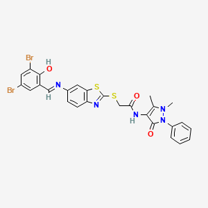 2-[(6-{[(E)-(3,5-dibromo-2-hydroxyphenyl)methylidene]amino}-1,3-benzothiazol-2-yl)sulfanyl]-N-(1,5-dimethyl-3-oxo-2-phenyl-2,3-dihydro-1H-pyrazol-4-yl)acetamide