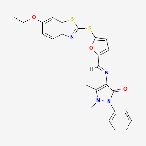 4-{[(E)-{5-[(6-ethoxy-1,3-benzothiazol-2-yl)sulfanyl]furan-2-yl}methylidene]amino}-1,5-dimethyl-2-phenyl-1,2-dihydro-3H-pyrazol-3-one