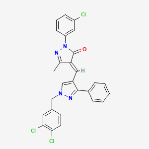 molecular formula C27H19Cl3N4O B11529479 (4E)-2-(3-chlorophenyl)-4-{[1-(3,4-dichlorobenzyl)-3-phenyl-1H-pyrazol-4-yl]methylidene}-5-methyl-2,4-dihydro-3H-pyrazol-3-one 