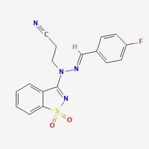 molecular formula C17H13FN4O2S B11530235 3-[(2E)-1-(1,1-dioxido-1,2-benzothiazol-3-yl)-2-(4-fluorobenzylidene)hydrazinyl]propanenitrile 