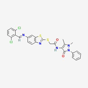 2-[(6-{[(E)-(2,6-dichlorophenyl)methylidene]amino}-1,3-benzothiazol-2-yl)sulfanyl]-N-(1,5-dimethyl-3-oxo-2-phenyl-2,3-dihydro-1H-pyrazol-4-yl)acetamide