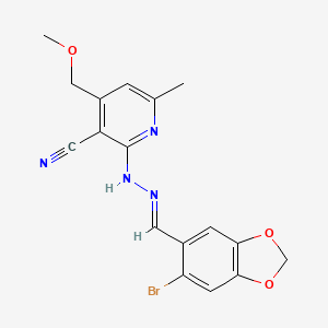 molecular formula C17H15BrN4O3 B11530436 2-{(2E)-2-[(6-bromo-1,3-benzodioxol-5-yl)methylidene]hydrazinyl}-4-(methoxymethyl)-6-methylpyridine-3-carbonitrile 