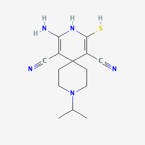 molecular formula C14H19N5S B11530548 2-Amino-5-cyano-9-isopropyl-4-sulfanyl-3,9-diazaspiro[5.5]undeca-1,4-dien-1-yl cyanide 