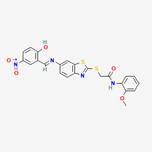 2-[(6-{[(E)-(2-hydroxy-5-nitrophenyl)methylidene]amino}-1,3-benzothiazol-2-yl)sulfanyl]-N-(2-methoxyphenyl)acetamide