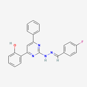 molecular formula C23H17FN4O B11530645 2-{2-[(2E)-2-(4-fluorobenzylidene)hydrazinyl]-6-phenylpyrimidin-4-yl}phenol 