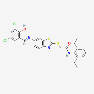 molecular formula C26H23Cl2N3O2S2 B11531109 2-[(6-{[(E)-(3,5-dichloro-2-hydroxyphenyl)methylidene]amino}-1,3-benzothiazol-2-yl)sulfanyl]-N-(2,6-diethylphenyl)acetamide 