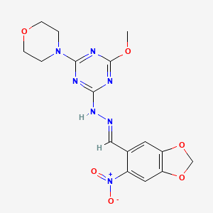 molecular formula C16H17N7O6 B11531224 2-methoxy-4-(morpholin-4-yl)-6-{(2E)-2-[(6-nitro-1,3-benzodioxol-5-yl)methylidene]hydrazinyl}-1,3,5-triazine 