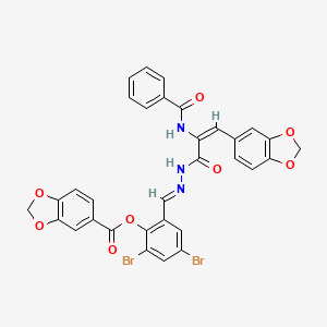 2-[(E)-(2-{(2E)-3-(1,3-benzodioxol-5-yl)-2-[(phenylcarbonyl)amino]prop-2-enoyl}hydrazinylidene)methyl]-4,6-dibromophenyl 1,3-benzodioxole-5-carboxylate