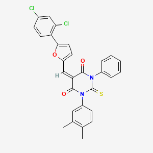 (5E)-5-{[5-(2,4-dichlorophenyl)furan-2-yl]methylidene}-1-(3,4-dimethylphenyl)-3-phenyl-2-thioxodihydropyrimidine-4,6(1H,5H)-dione