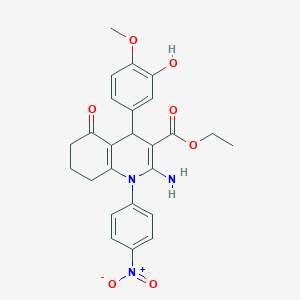 molecular formula C25H25N3O7 B11531773 Ethyl 2-amino-4-(3-hydroxy-4-methoxyphenyl)-1-(4-nitrophenyl)-5-oxo-1,4,5,6,7,8-hexahydroquinoline-3-carboxylate 