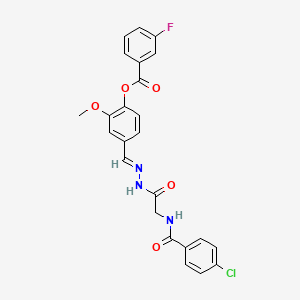 molecular formula C24H19ClFN3O5 B11531810 4-[(E)-({2-[(4-Chlorophenyl)formamido]acetamido}imino)methyl]-2-methoxyphenyl 3-fluorobenzoate 