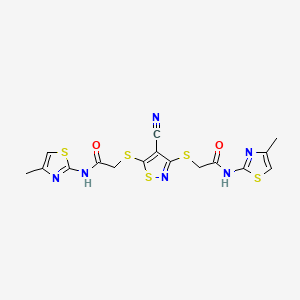 2-[[4-cyano-3-[2-[(4-methyl-1,3-thiazol-2-yl)amino]-2-oxoethyl]sulfanyl-1,2-thiazol-5-yl]sulfanyl]-N-(4-methyl-1,3-thiazol-2-yl)acetamide