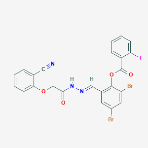 molecular formula C23H14Br2IN3O4 B11532234 2,4-dibromo-6-[(E)-{2-[(2-cyanophenoxy)acetyl]hydrazinylidene}methyl]phenyl 2-iodobenzoate 