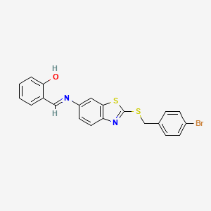 molecular formula C21H15BrN2OS2 B11532309 2-[(E)-({2-[(4-bromobenzyl)sulfanyl]-1,3-benzothiazol-6-yl}imino)methyl]phenol 