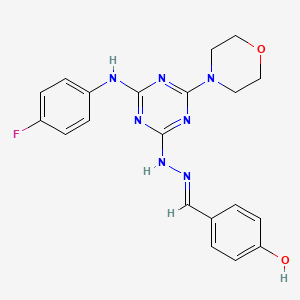 molecular formula C20H20FN7O2 B11532319 4-[(E)-(2-{4-[(4-fluorophenyl)amino]-6-(morpholin-4-yl)-1,3,5-triazin-2-yl}hydrazinylidene)methyl]phenol 