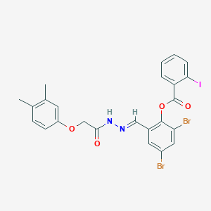 molecular formula C24H19Br2IN2O4 B11532334 2,4-dibromo-6-[(E)-{2-[(3,4-dimethylphenoxy)acetyl]hydrazinylidene}methyl]phenyl 2-iodobenzoate 