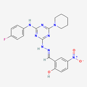 molecular formula C21H21FN8O3 B11532374 2-[(E)-(2-{4-[(4-fluorophenyl)amino]-6-(piperidin-1-yl)-1,3,5-triazin-2-yl}hydrazinylidene)methyl]-4-nitrophenol 