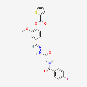 molecular formula C22H18FN3O5S B11532425 4-[(E)-({2-[(4-Fluorophenyl)formamido]acetamido}imino)methyl]-2-methoxyphenyl thiophene-2-carboxylate 