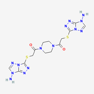 molecular formula C14H18N14O2S2 B11532465 1,1'-piperazine-1,4-diylbis{2-[(7-amino-7H-[1,2,4]triazolo[4,3-b][1,2,4]triazol-3-yl)sulfanyl]ethanone} 