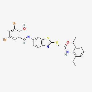 2-[(6-{[(E)-(3,5-dibromo-2-hydroxyphenyl)methylidene]amino}-1,3-benzothiazol-2-yl)sulfanyl]-N-(2,6-diethylphenyl)acetamide