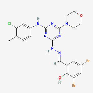 molecular formula C21H20Br2ClN7O2 B11532720 2,4-dibromo-6-[(E)-(2-{4-[(3-chloro-4-methylphenyl)amino]-6-(morpholin-4-yl)-1,3,5-triazin-2-yl}hydrazinylidene)methyl]phenol 