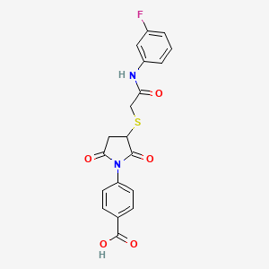 molecular formula C19H15FN2O5S B11532918 4-[3-({2-[(3-Fluorophenyl)amino]-2-oxoethyl}sulfanyl)-2,5-dioxopyrrolidin-1-yl]benzoic acid 