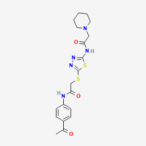 molecular formula C19H23N5O3S2 B11532939 N-[5-({2-[(4-acetylphenyl)amino]-2-oxoethyl}sulfanyl)-1,3,4-thiadiazol-2-yl]-2-(piperidin-1-yl)acetamide 