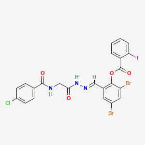 molecular formula C23H15Br2ClIN3O4 B11532972 2,4-Dibromo-6-[(E)-({2-[(4-chlorophenyl)formamido]acetamido}imino)methyl]phenyl 2-iodobenzoate 