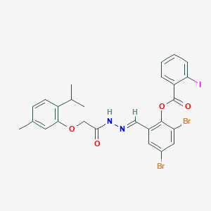 molecular formula C26H23Br2IN2O4 B11533004 2,4-dibromo-6-[(E)-(2-{[5-methyl-2-(propan-2-yl)phenoxy]acetyl}hydrazinylidene)methyl]phenyl 2-iodobenzoate 