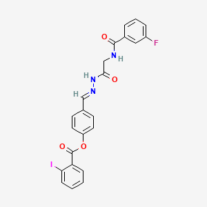 molecular formula C23H17FIN3O4 B11533098 4-[(E)-({2-[(3-Fluorophenyl)formamido]acetamido}imino)methyl]phenyl 2-iodobenzoate 