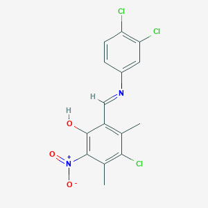 molecular formula C15H11Cl3N2O3 B11533359 4-Chloro-2-[(E)-[(3,4-dichlorophenyl)imino]methyl]-3,5-dimethyl-6-nitrophenol 