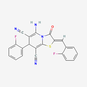 molecular formula C22H12F2N4OS B11533430 (2Z)-5-amino-2-(2-fluorobenzylidene)-7-(2-fluorophenyl)-3-oxo-2,3-dihydro-7H-[1,3]thiazolo[3,2-a]pyridine-6,8-dicarbonitrile 