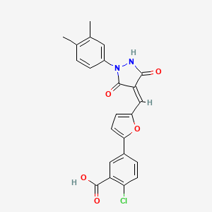 molecular formula C23H17ClN2O5 B11533494 2-chloro-5-(5-{(Z)-[1-(3,4-dimethylphenyl)-3,5-dioxopyrazolidin-4-ylidene]methyl}-2-furyl)benzoic acid 