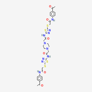 molecular formula C32H34N10O6S4 B11533530 2,2'-piperazine-1,4-diylbis{N-[5-({2-[(4-acetylphenyl)amino]-2-oxoethyl}sulfanyl)-1,3,4-thiadiazol-2-yl]acetamide} 