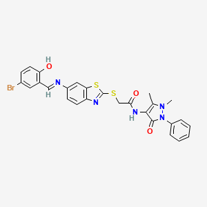 molecular formula C27H22BrN5O3S2 B11533582 2-[(6-{[(E)-(5-bromo-2-hydroxyphenyl)methylidene]amino}-1,3-benzothiazol-2-yl)sulfanyl]-N-(1,5-dimethyl-3-oxo-2-phenyl-2,3-dihydro-1H-pyrazol-4-yl)acetamide 