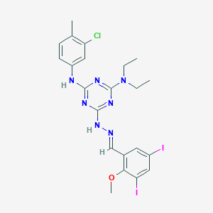 molecular formula C22H24ClI2N7O B11533606 N'-(3-chloro-4-methylphenyl)-6-[(2E)-2-(3,5-diiodo-2-methoxybenzylidene)hydrazinyl]-N,N-diethyl-1,3,5-triazine-2,4-diamine 