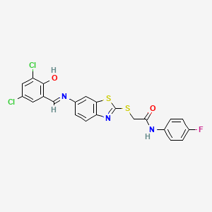 2-[(6-{[(E)-(3,5-dichloro-2-hydroxyphenyl)methylidene]amino}-1,3-benzothiazol-2-yl)sulfanyl]-N-(4-fluorophenyl)acetamide